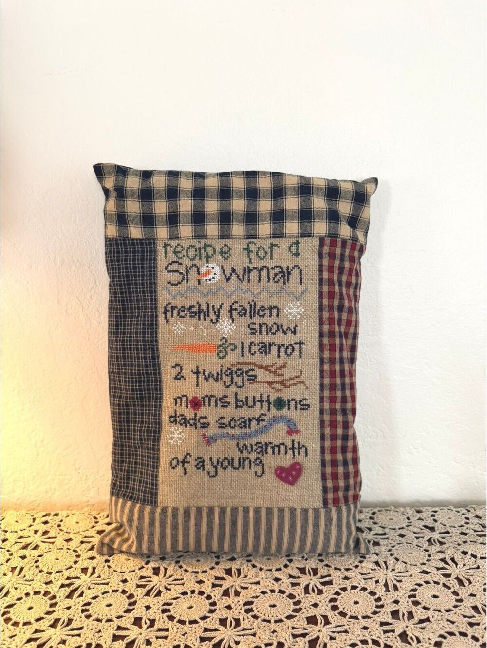 Vintage Recipe for a Snowman Cross Stitch Christmas Pillow